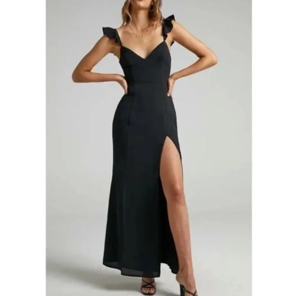 WAYF The Mina Ruffle Strap Gown In Black Size S NWT $138